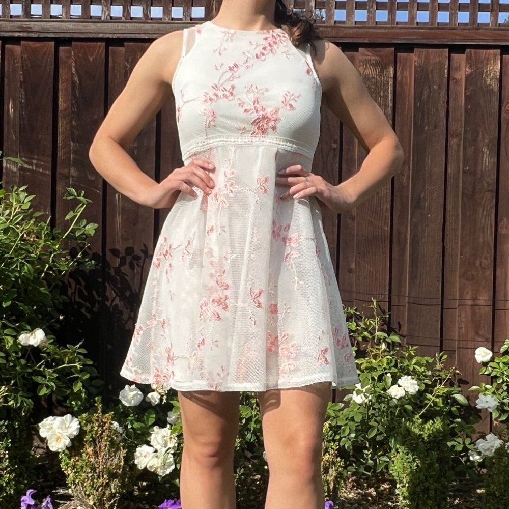 White Mesh Dress with Floral Embroidery